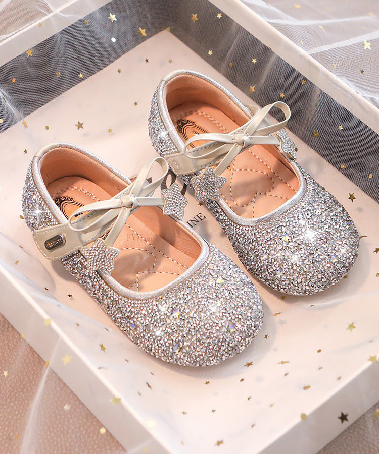 Strap Bow Beige Buckle Flats Crystal Girls Elegant