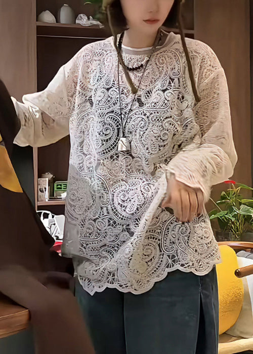 Elegant Hollow T Embroidered Beige Shirt Out Spring Lace