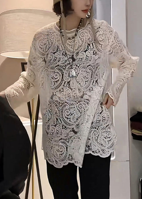 Elegant Hollow T Embroidered Beige Shirt Out Spring Lace