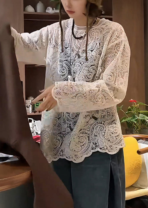 Elegant Hollow T Embroidered Beige Shirt Out Spring Lace