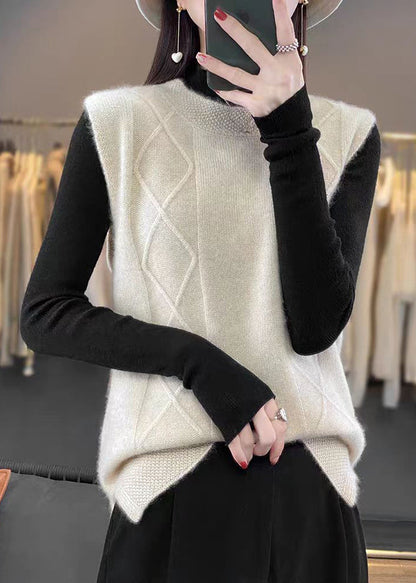 Elegant Beige O-Neck Cozy Knit Vest Sleeveless TF007