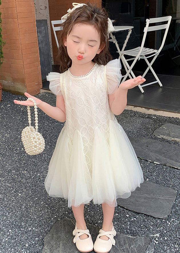 Elegant Beige Pearl Sequins Tulle Girls Dress Summer TT027