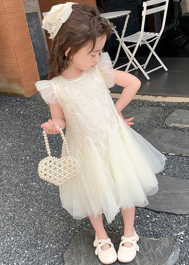 Elegant Beige Pearl Sequins Tulle Girls Dress Summer TT027