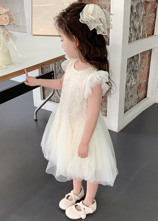 Elegant Beige Pearl Sequins Tulle Girls Dress Summer TT027