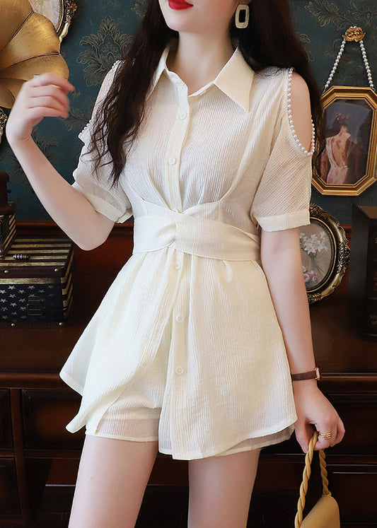 Summer And Elegant Shorts Two-Piece Beige Cotton Set Shirts Pearl