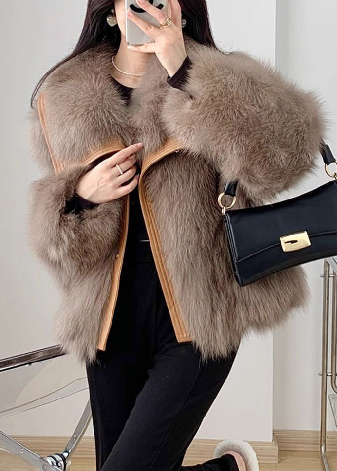 Elegant Beige Peter Pan Collar Button Leather And Fur Coats Spring YW034