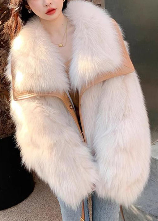 Elegant Beige Peter Pan Collar Button Leather And Fur Coats Spring YW034