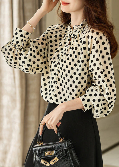Elegant Beige Stand Collar Dot Print Chiffon Shirts Long Sleeve WW008