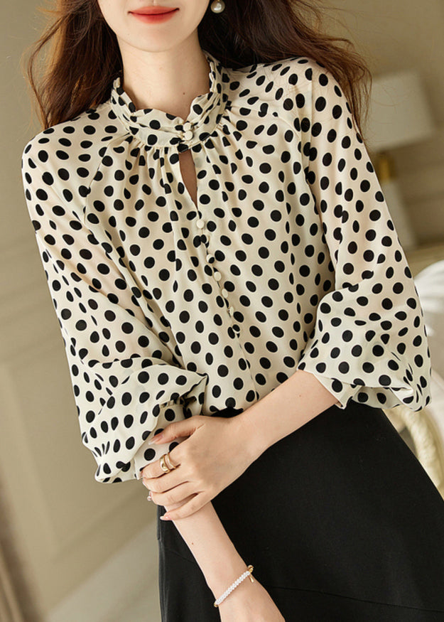 Elegant Beige Stand Collar Dot Print Chiffon Shirts Long Sleeve WW008