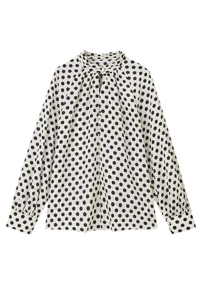 Elegant Beige Stand Collar Dot Print Chiffon Shirts Long Sleeve WW008