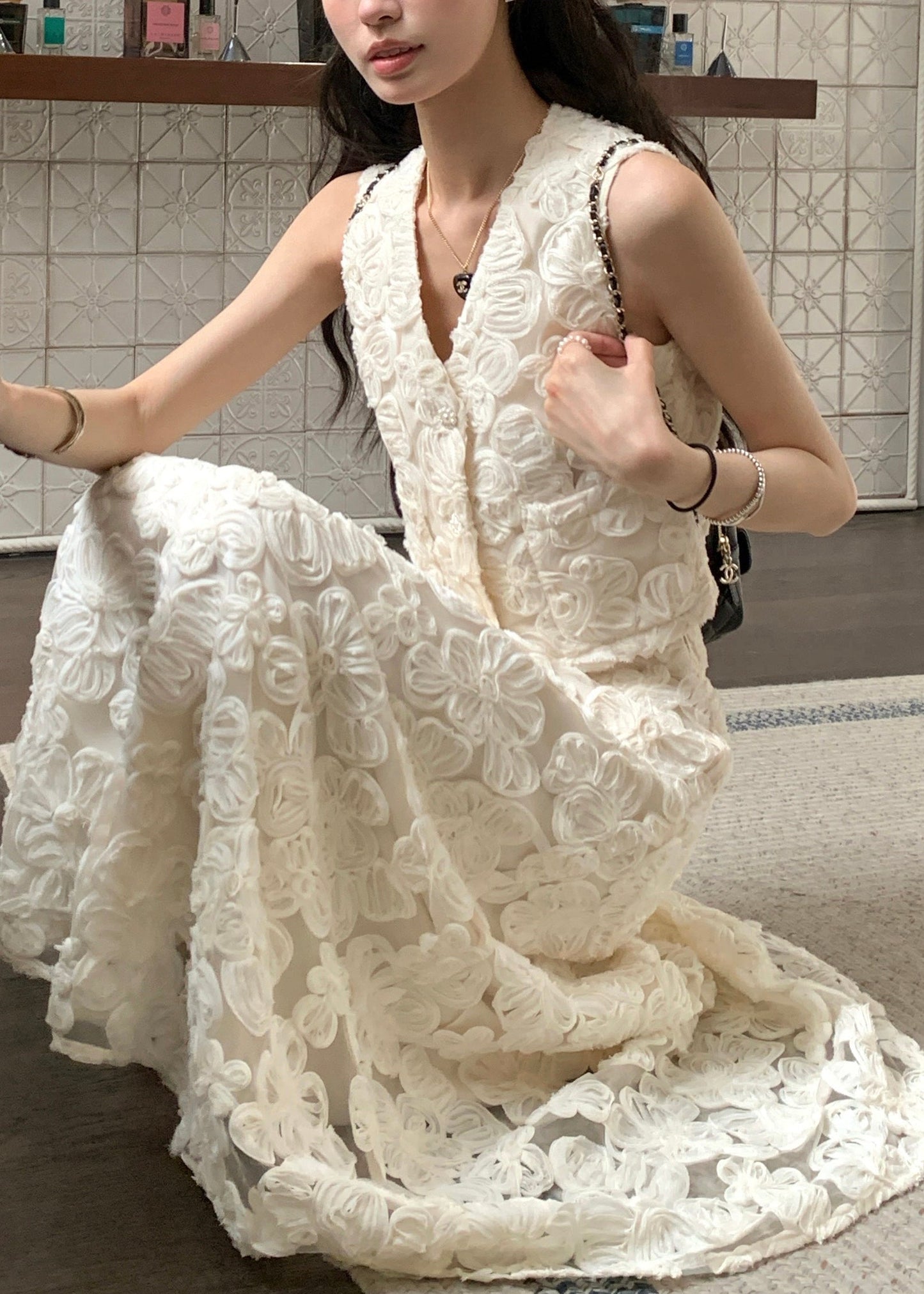 Elegant Beige Neck Cotton Floral V Two Set Pieces Waist High