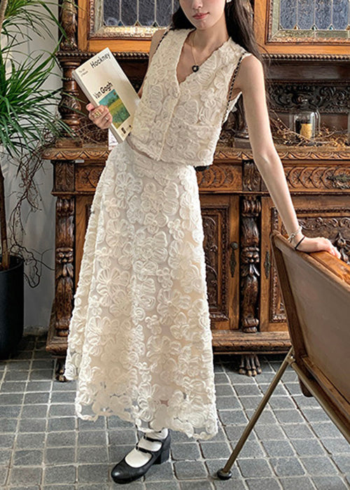 Elegant Beige Neck Cotton Floral V Two Set Pieces Waist High
