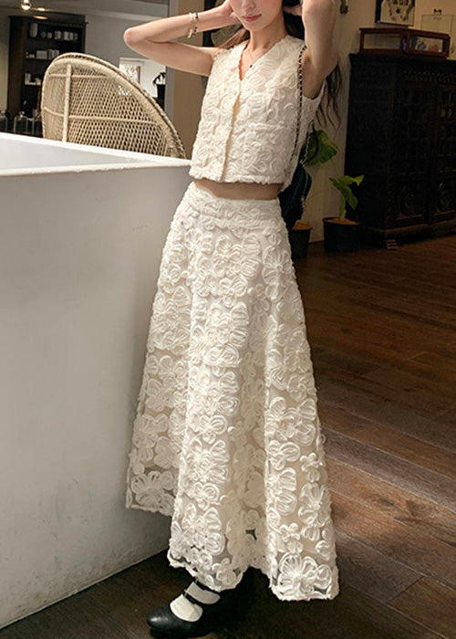 Elegant Beige Neck Cotton Floral V Two Set Pieces Waist High