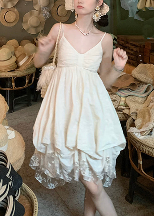 Elegant V Mini Dresses Beige Cotton Sleeveless Neck Lace