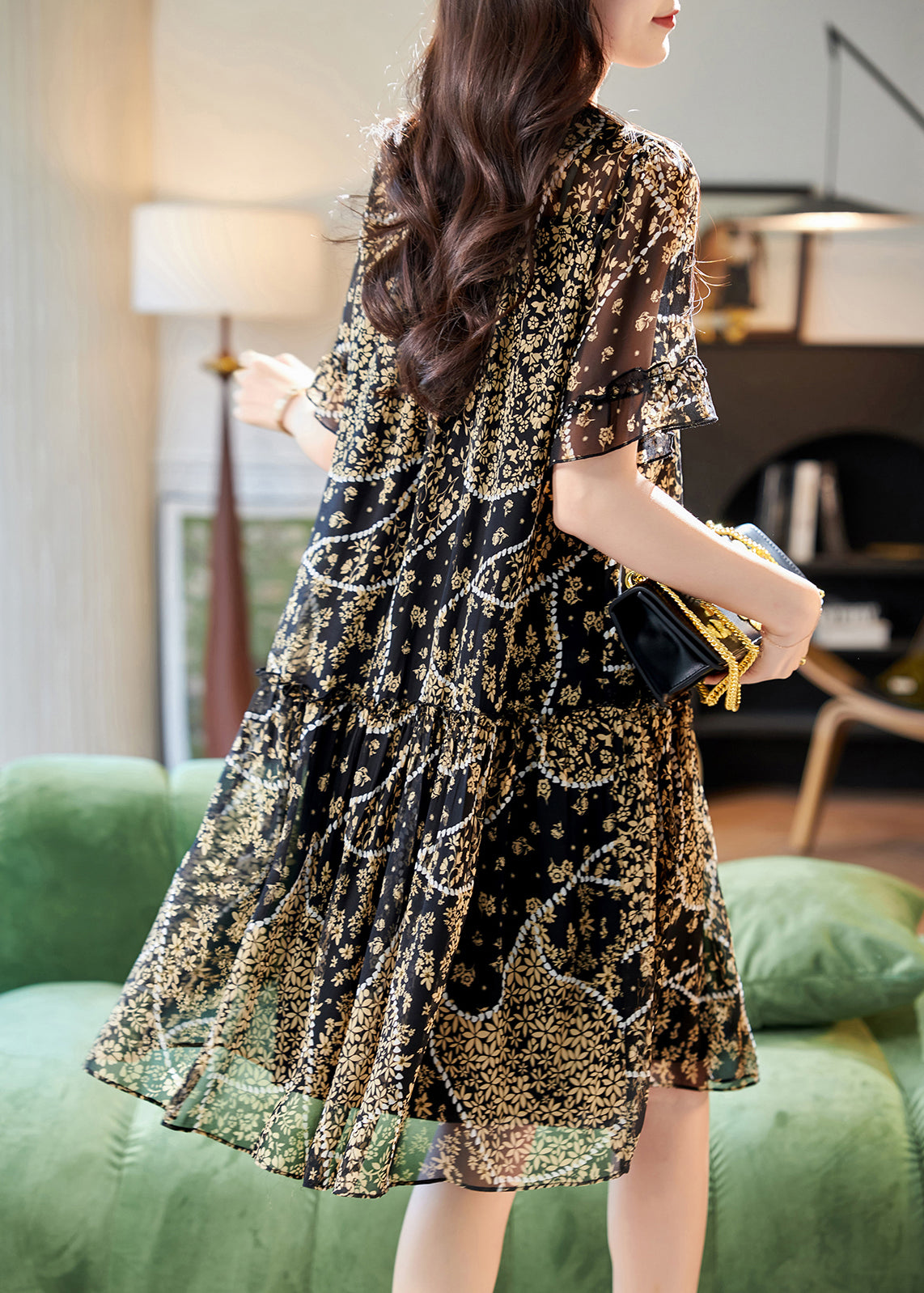 Print Chiffon Summer O Patchwork Dress Elegant Lace Neck Black