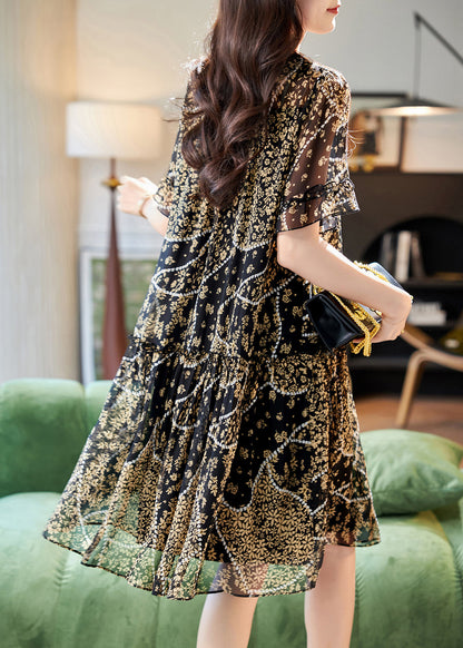 Print Chiffon Summer O Patchwork Dress Elegant Lace Neck Black