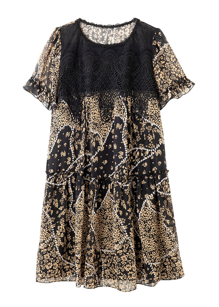 Print Chiffon Summer O Patchwork Dress Elegant Lace Neck Black