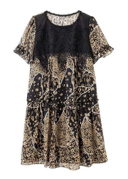 Print Chiffon Summer O Patchwork Dress Elegant Lace Neck Black