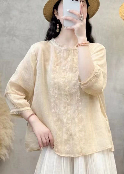 Shirt Black Linen Patchwork Eyelash Tops Oversized Elegant