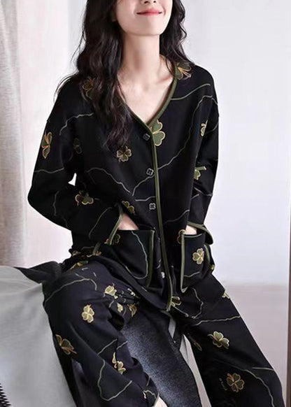 Elegant Black Print Button Cotton Two Pieces Set Long Sleeve XS1020