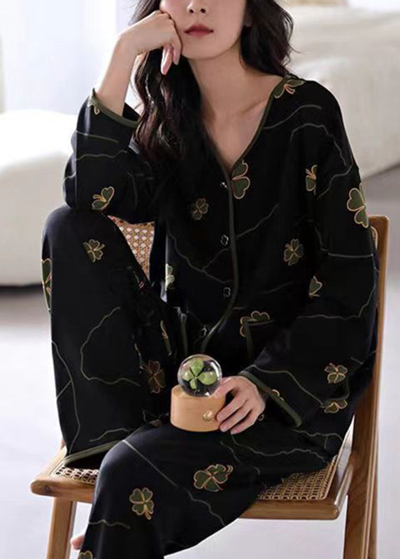 Elegant Black Print Button Cotton Two Pieces Set Long Sleeve XS1020
