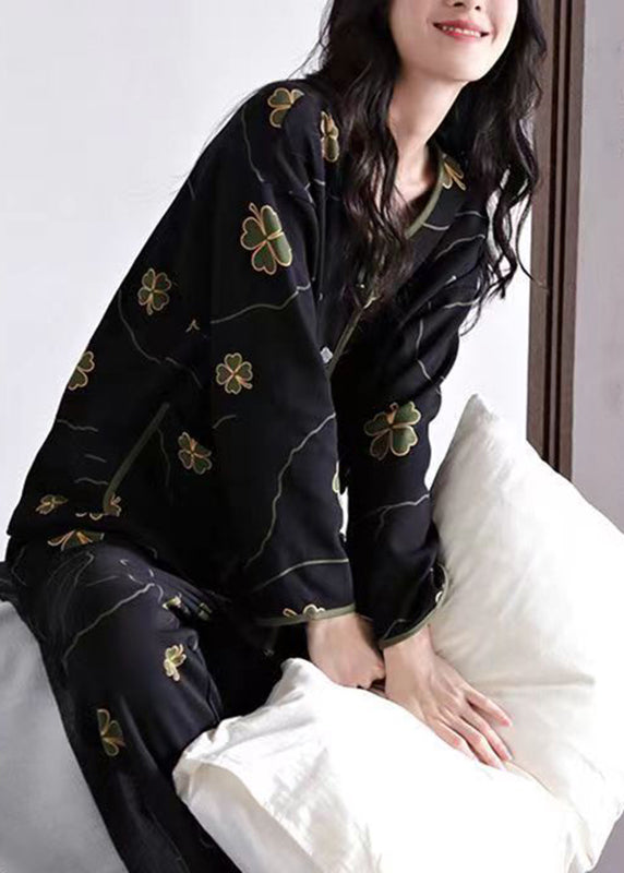 Elegant Black Print Button Cotton Two Pieces Set Long Sleeve XS1020