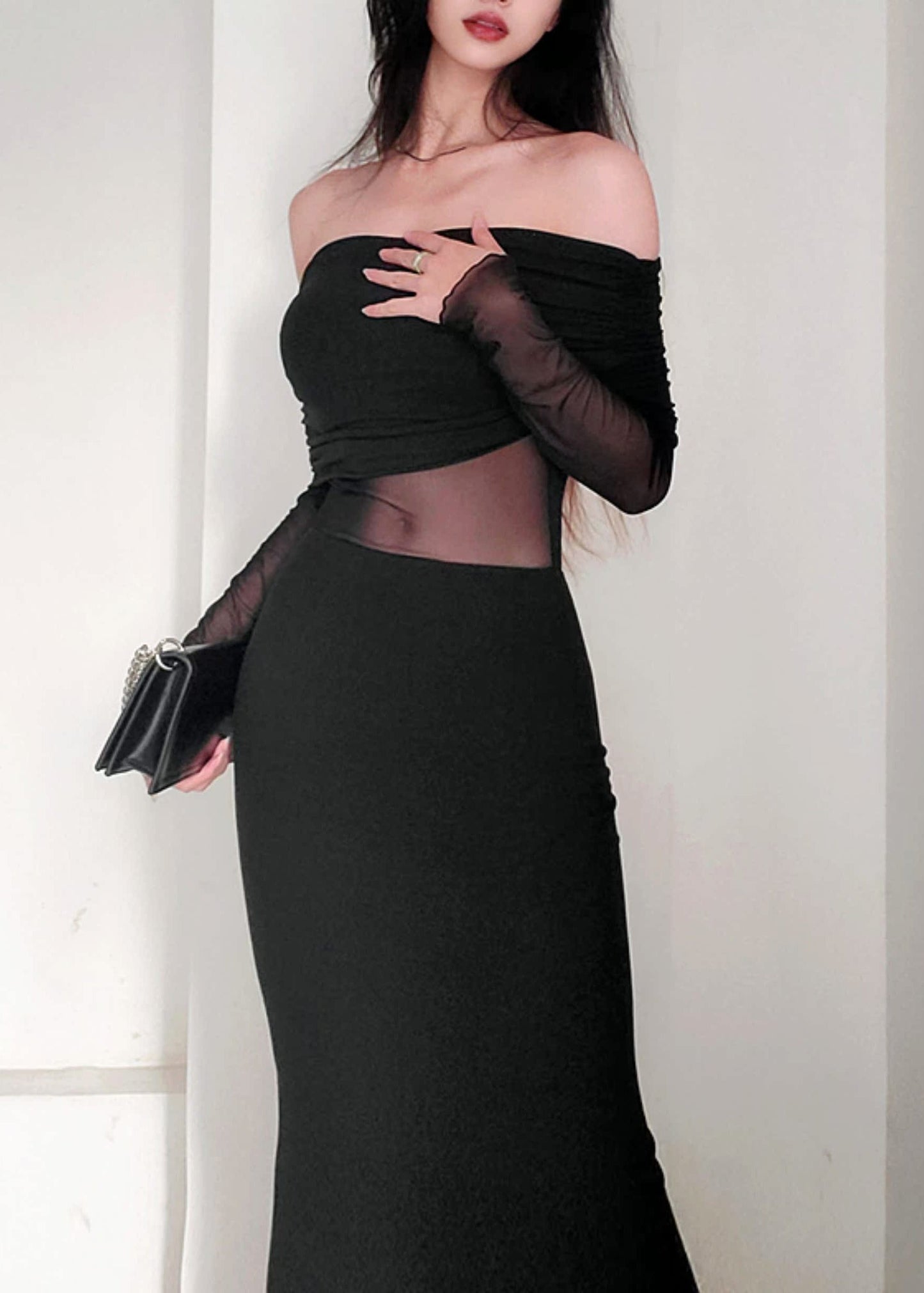 Elegant Black Slash Neck Tulle Patchwork Long Dress Spring YT017