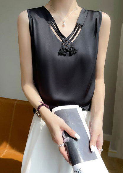 Sleeveless Hollow Tank V Black Silk Neck Out Elegant