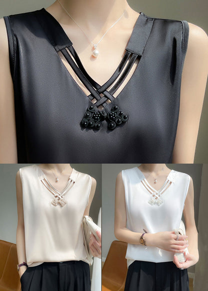Sleeveless Hollow Tank V Black Silk Neck Out Elegant