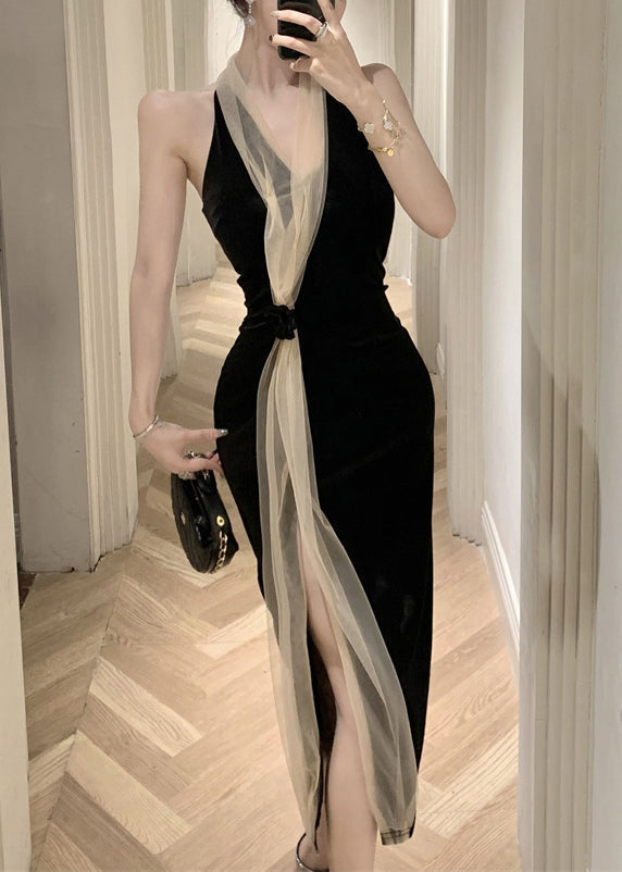 Elegant Black V Neck Tulle Patchwork Backless Silk Velvet Long Dress Summer UU1051