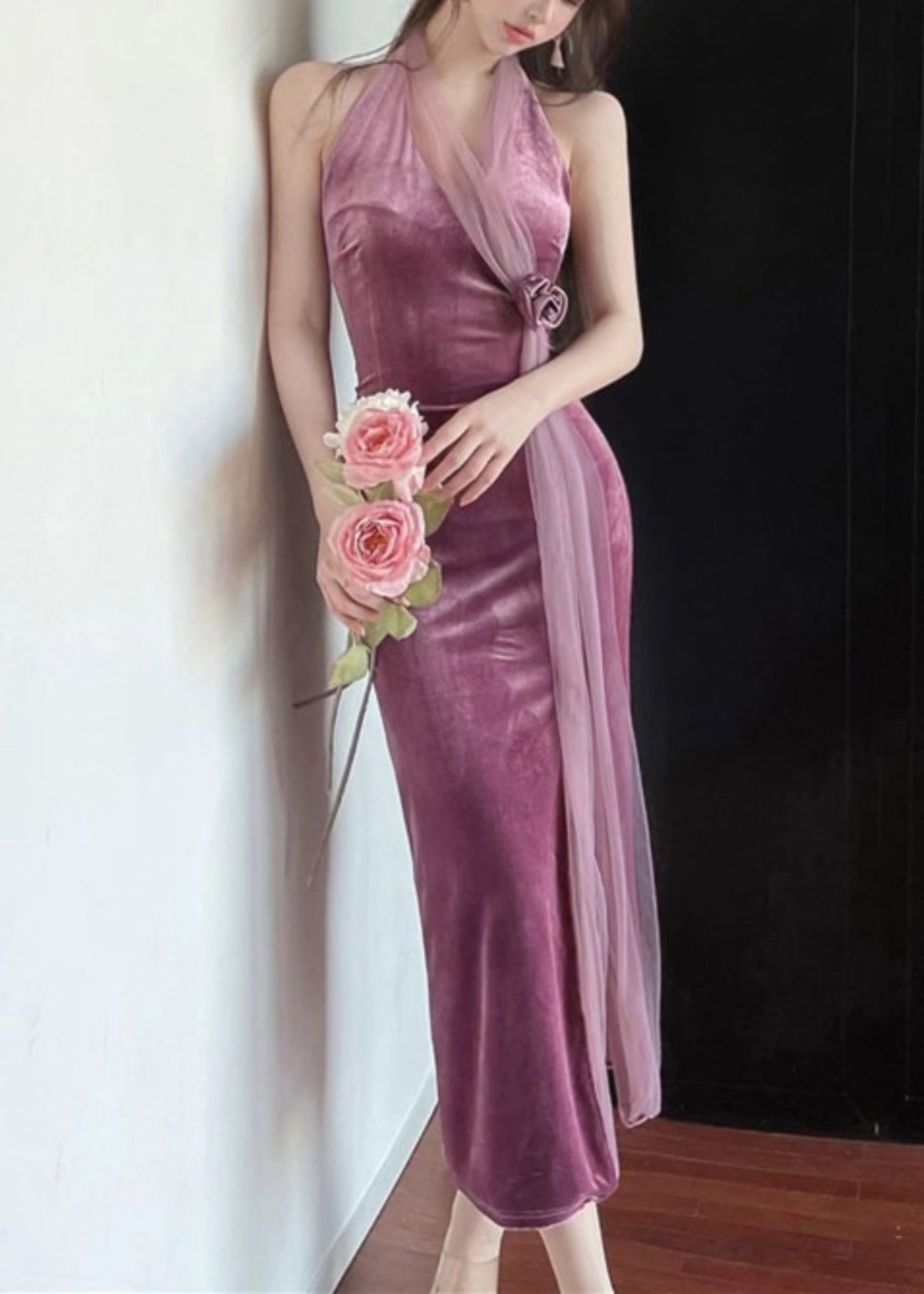 Elegant Black V Neck Tulle Patchwork Backless Silk Velvet Long Dress Summer UU1051