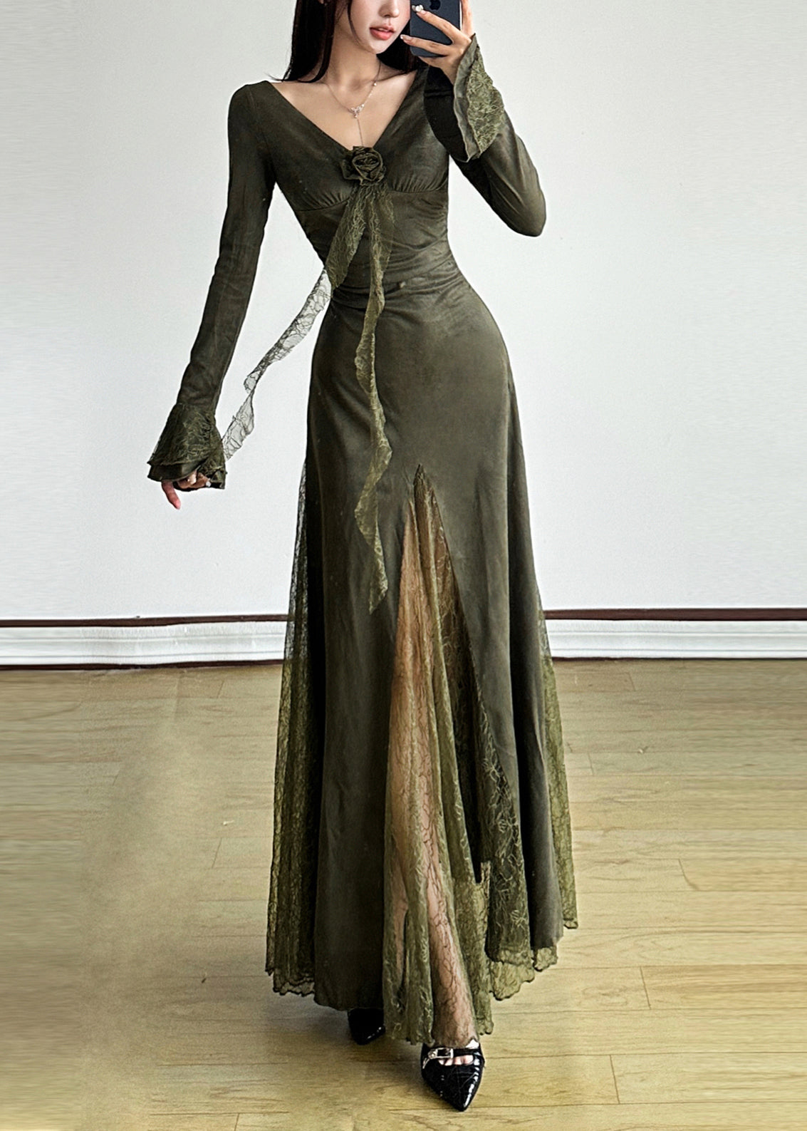 Elegant Blackish Green Patchwork Lace Long Dress Flare Sleeve YP047