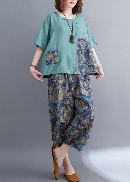 Set Summer Elegant Patchwork Two Blue Asymmetrical Pieces Cotton