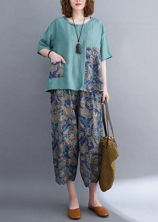 Set Summer Elegant Patchwork Two Blue Asymmetrical Pieces Cotton