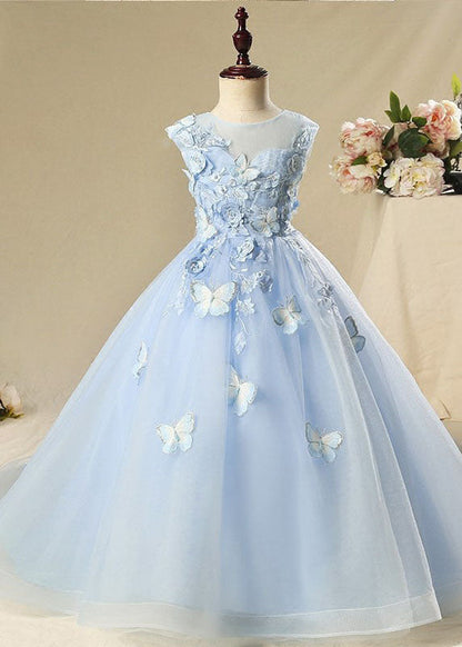Elegant Blue Butterfly Floral Tulle Kids Long Dress Sleeveless YS008