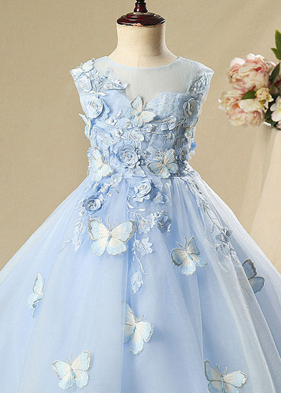 Elegant Blue Butterfly Floral Tulle Kids Long Dress Sleeveless YS008