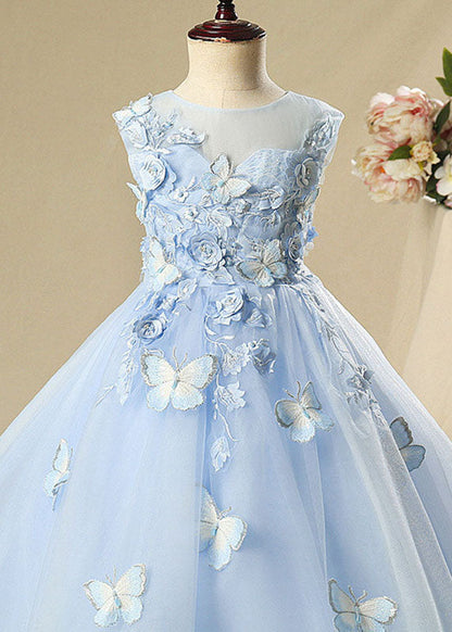 Elegant Blue Butterfly Floral Tulle Kids Long Dress Sleeveless YS008