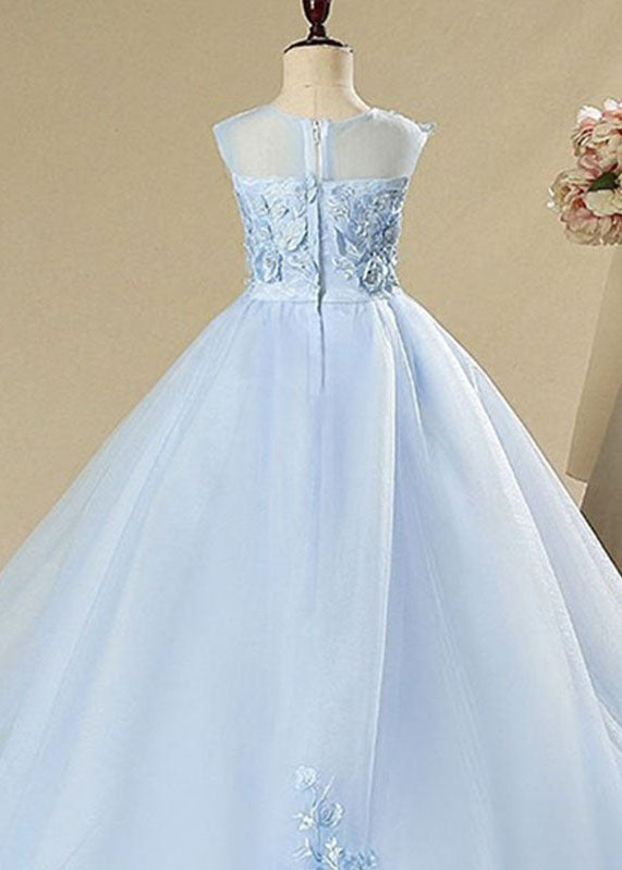 Elegant Blue Butterfly Floral Tulle Kids Long Dress Sleeveless YS008