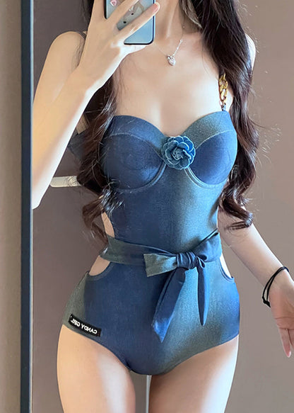 Solid Elegant Bodysuit Denim Bow Floral Blue