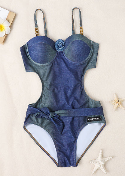 Solid Elegant Bodysuit Denim Bow Floral Blue