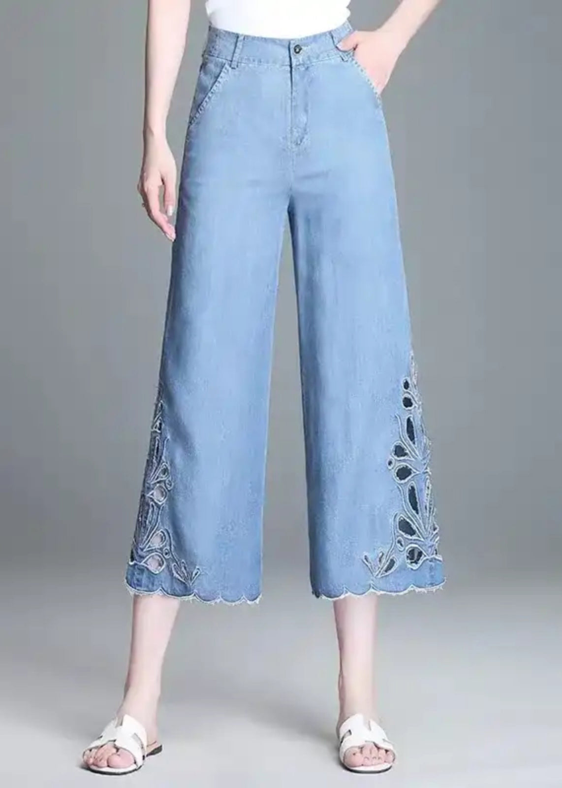 High Elegant Hollow Summer Crop Out Waist Blue Jeans