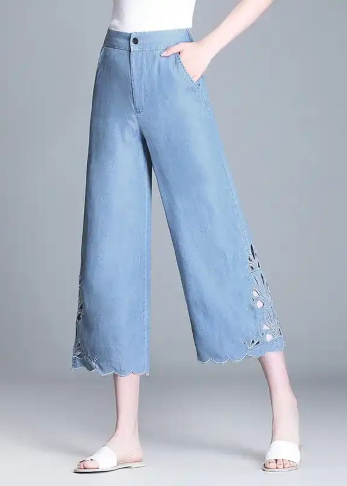 High Elegant Hollow Summer Crop Out Waist Blue Jeans