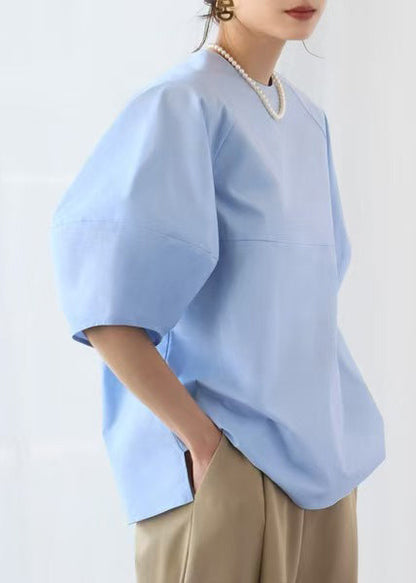 Sleeve Blue O-Neck Tops Cotton Puff Elegant