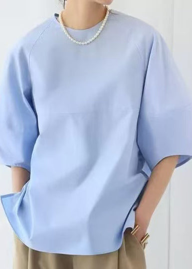 Sleeve Blue O-Neck Tops Cotton Puff Elegant
