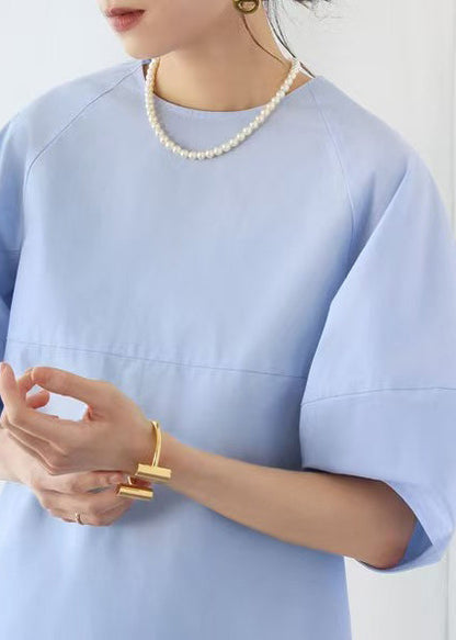 Sleeve Blue O-Neck Tops Cotton Puff Elegant