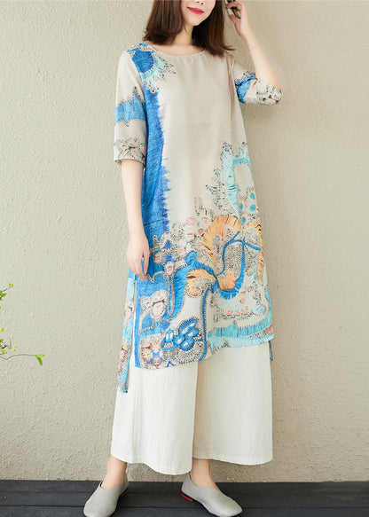 Summer Oversized Print Elegant Dresses Blue Linen