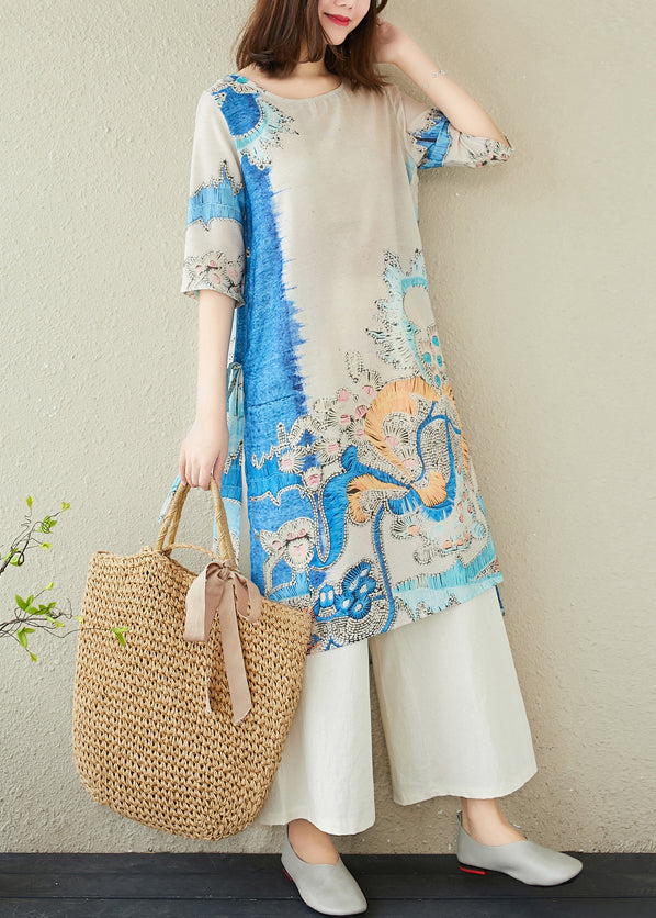 Summer Oversized Print Elegant Dresses Blue Linen