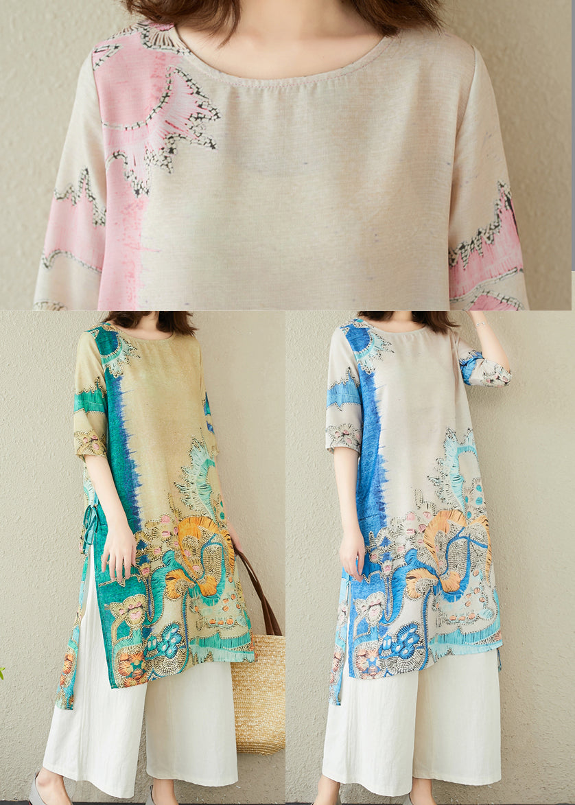 Linen Oversized Elegant Print Dresses Blue Summer
