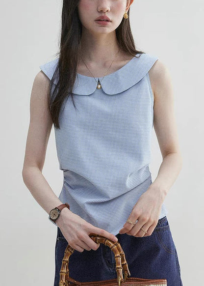 Plaid Sleeveless Collar Blue Pan Cotton Shirt Peter Elegant