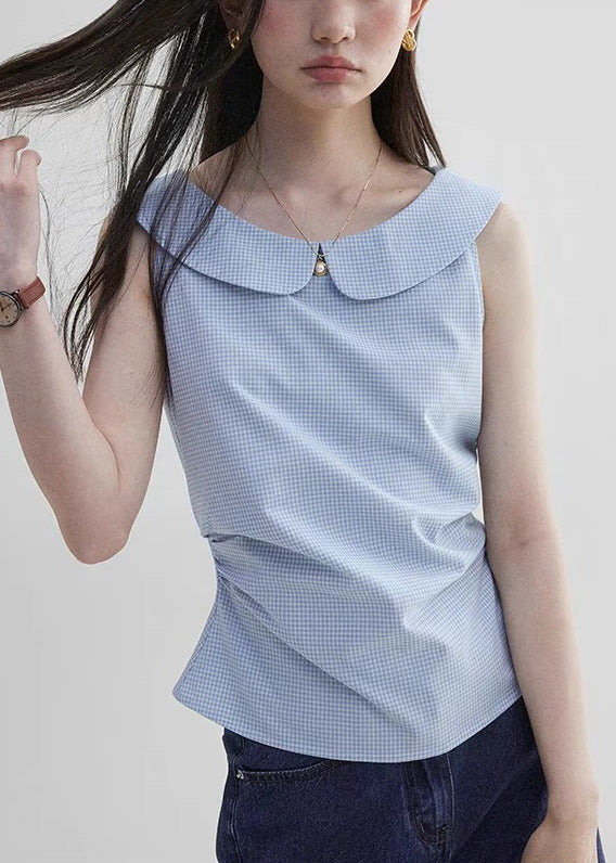 Plaid Sleeveless Collar Blue Pan Cotton Shirt Peter Elegant